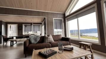 Smart TV, chimenea, libros y estéreo