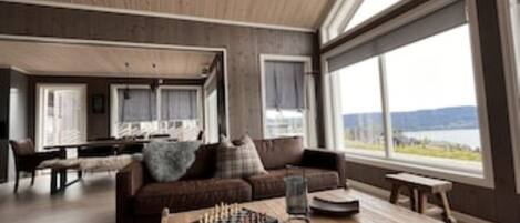 Smart TV, lareira, livros, aparelho de som