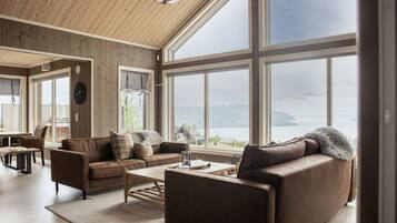 Smart TV, chimenea, libros y estéreo