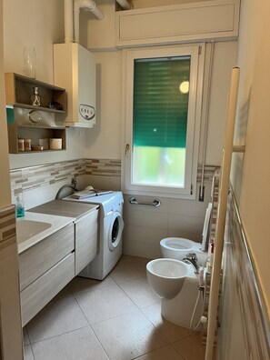 Hair dryer, towels, soap, toilet paper