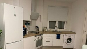 Eine kompakte Küche mit Kühlschrank, Backofen, Spüle und Waschmaschine.