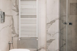 Shower, hair dryer, bidet, towels