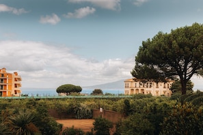 Un ensemble de bâtiments situé sur la côte, composé de plusieurs structures, avec un grand arbre et une vue sur la mer.