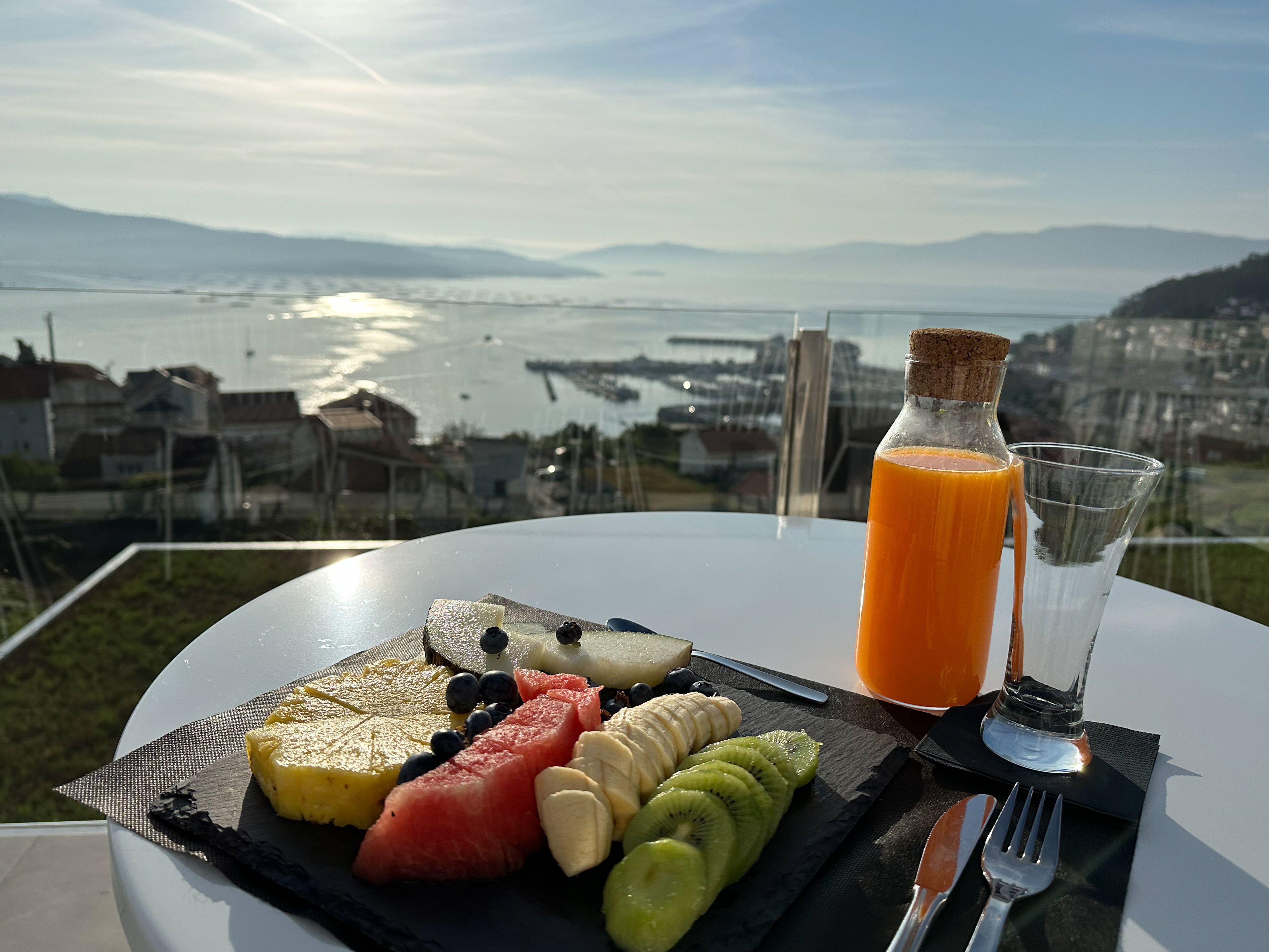 Un desayuno con una bandeja de fruta, una botella de jugo de naranja y un vaso sobre una mesa con vistas panorámicas al agua y edificios al fondo.