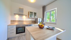 A modern kitchen with a wooden countertop, built-in oven, stainless steel appliances, and a window with a view of greenery. - Villa Elena (Kvarner - Poljica) (Poljica)