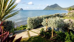 Un jardín costero con vistas despejadas al mar y una montaña al fondo.