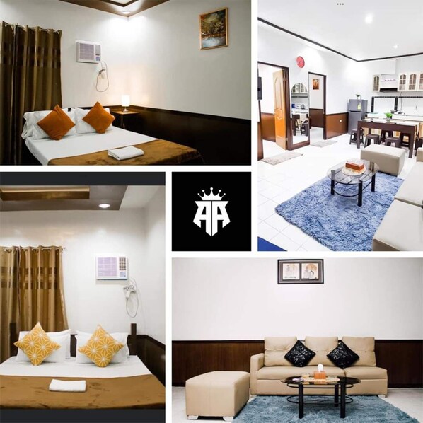 A hotel room with a bed, a bedside table, and a window with curtains. There is a bathroom with a shower, a toilet, and a sink. The room has a wooden floor and a white wall. - Arka's Elegant Condos (Zamboanga)