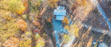 An aerial view of a house surrounded by autumn foliage, with a visible road and a spherical structure nearby.
