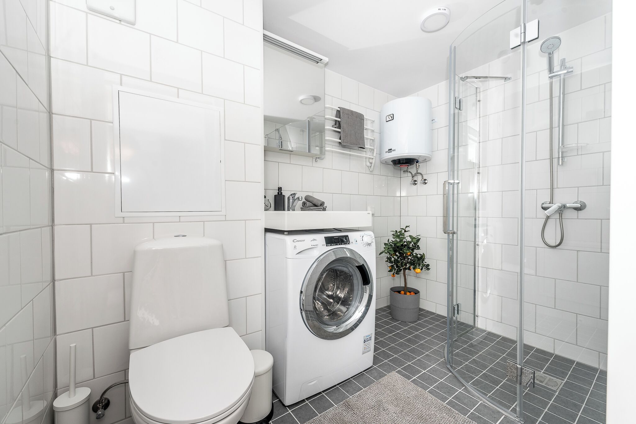 A modern bathroom with a washing machine, toilet, glass shower enclosure, and a potted plant.