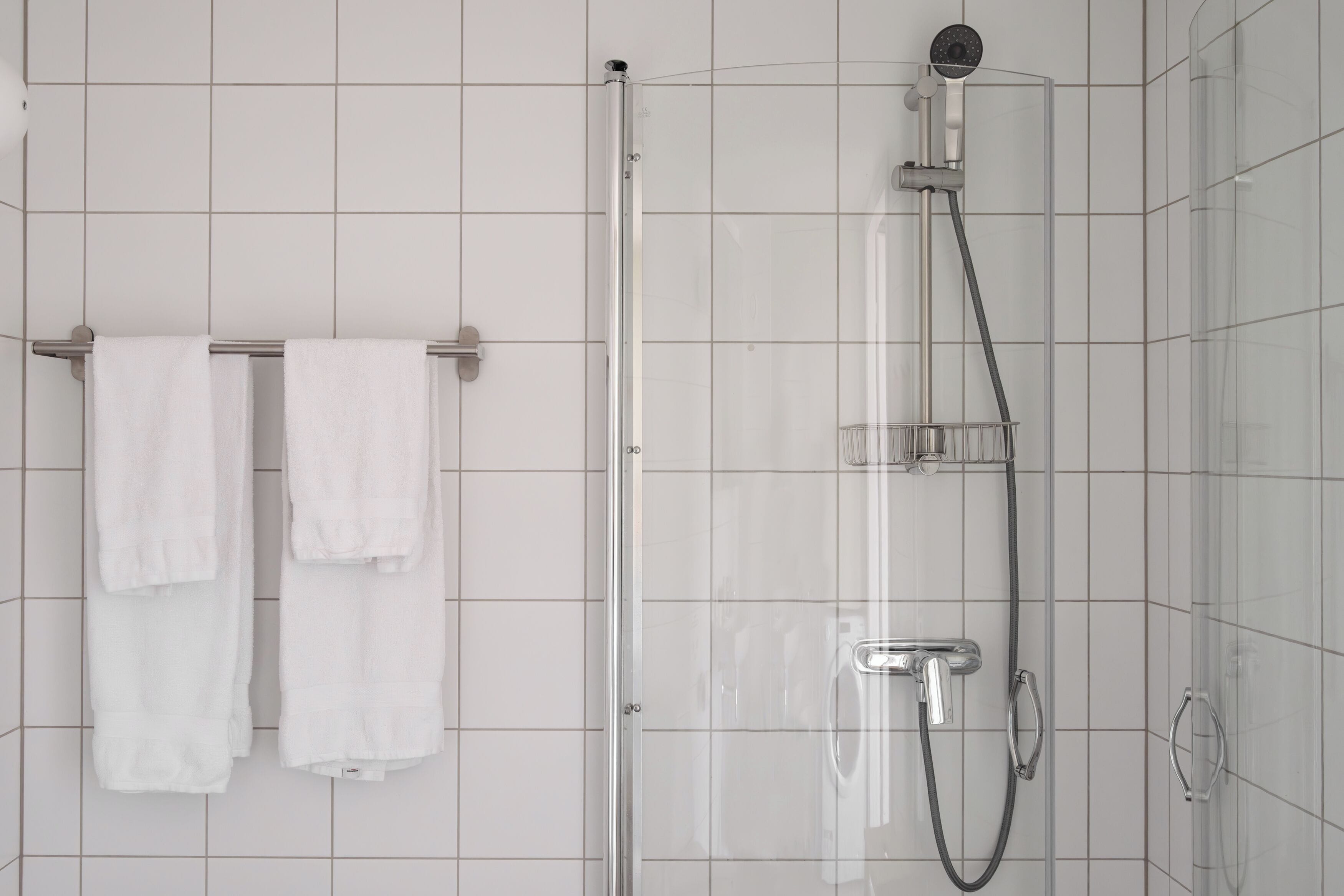 Une douche avec un pare-douche en verre, une pomme de douche à main et un robinet à main.