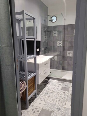 シャワー、ヘアドライヤー、トイレットペーパー