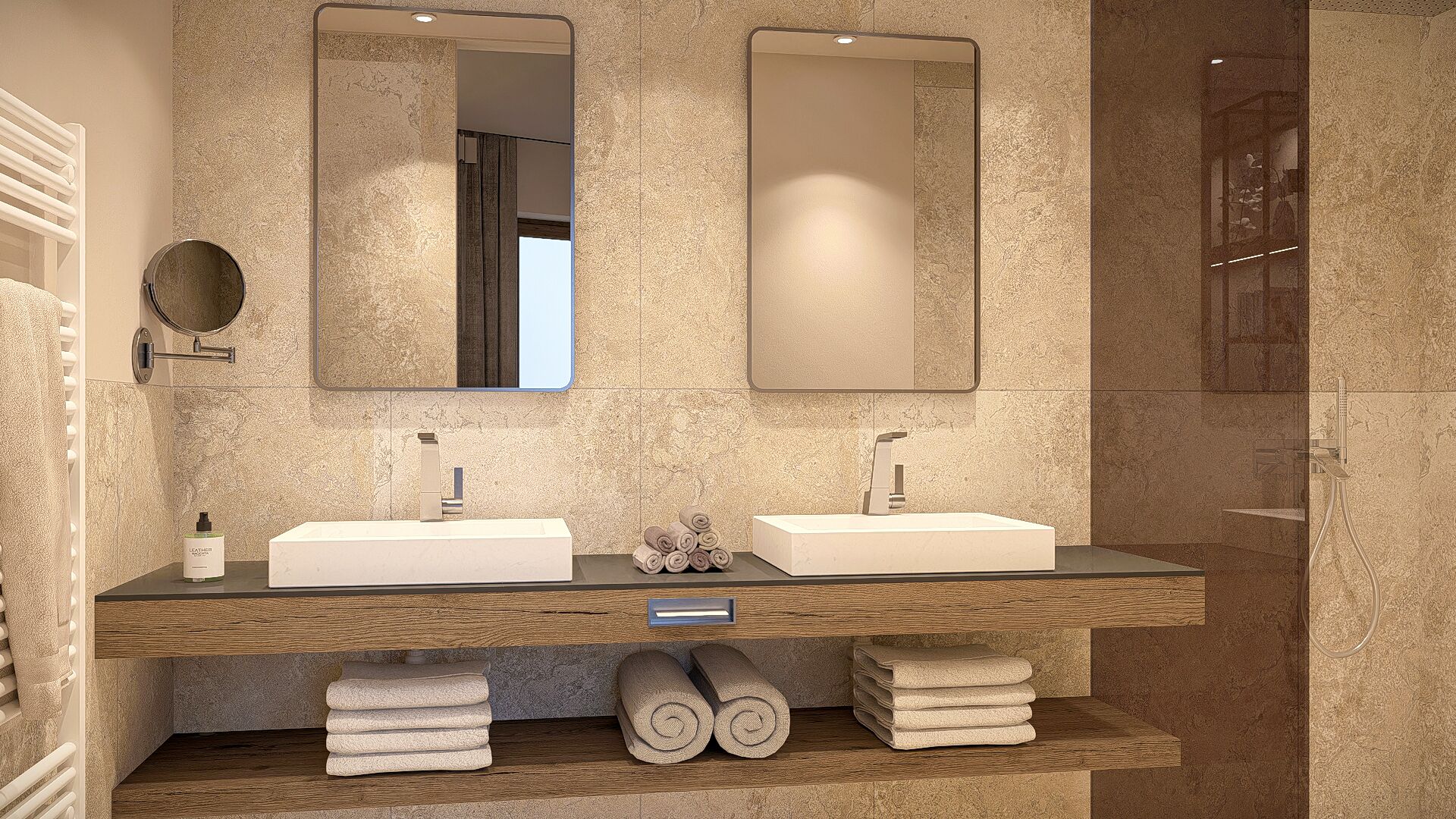 Familie suite, uitzicht op bergen | Badkamer | Een douche, een regendouche, een haardroger, vloerverwarming