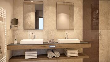 Family Suite, Mountain View | Bathroom | Shower, rainfall showerhead, hair dryer, heated floors