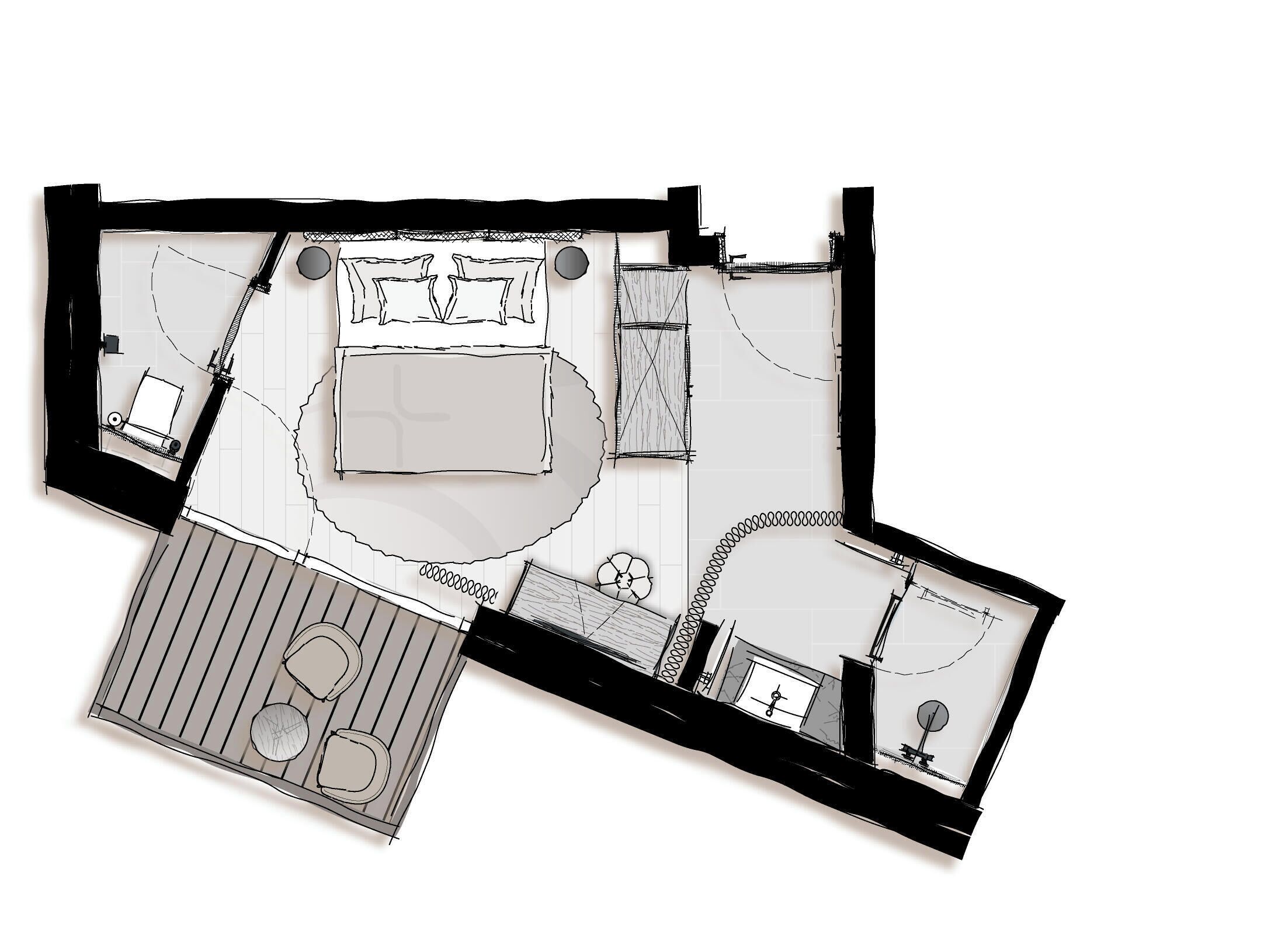 A floor plan of a hotel room with a bed, a desk, a chair, a small table, and a sofa.