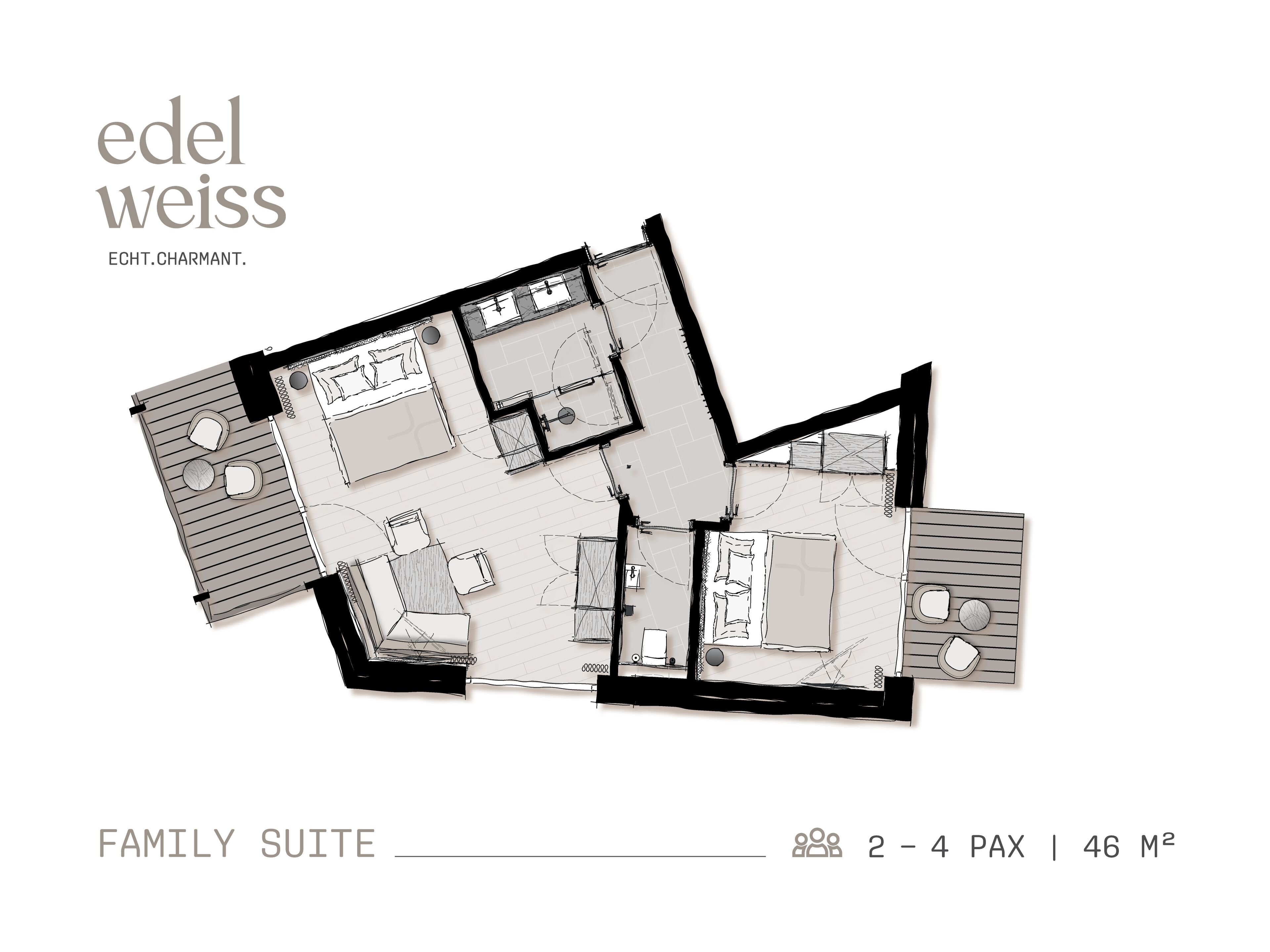 Plano de un suite familiar con 2 a 4 dormitorios, 46 metros cuadrados y una kitchenette.