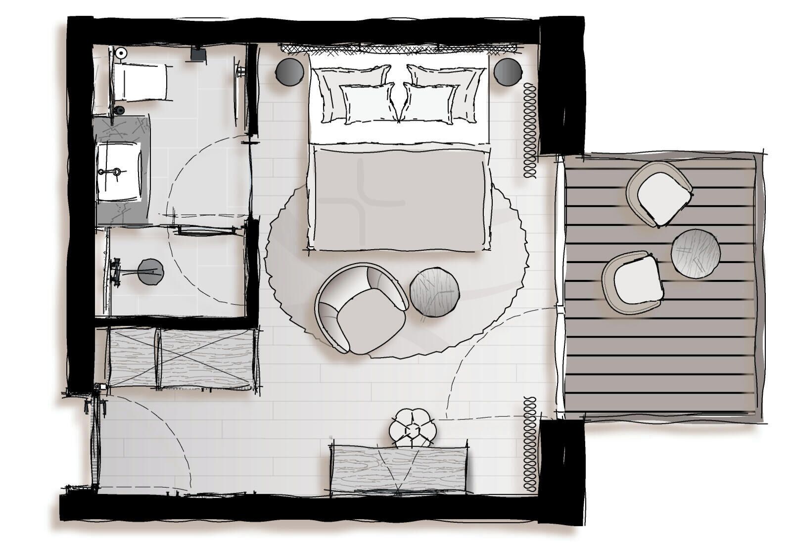 A bedroom with a bed, two bedside tables, a wardrobe, and a window.