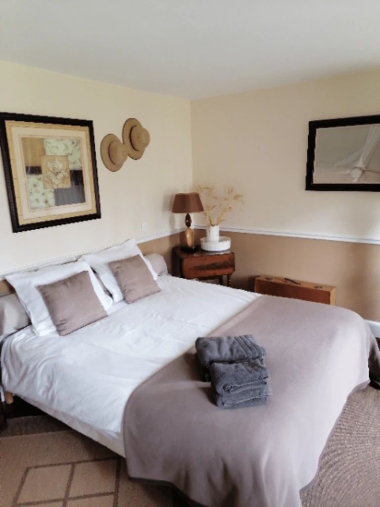 A neatly made bed with a white and beige duvet, a small bedside table with a lamp, and a framed picture on the wall.