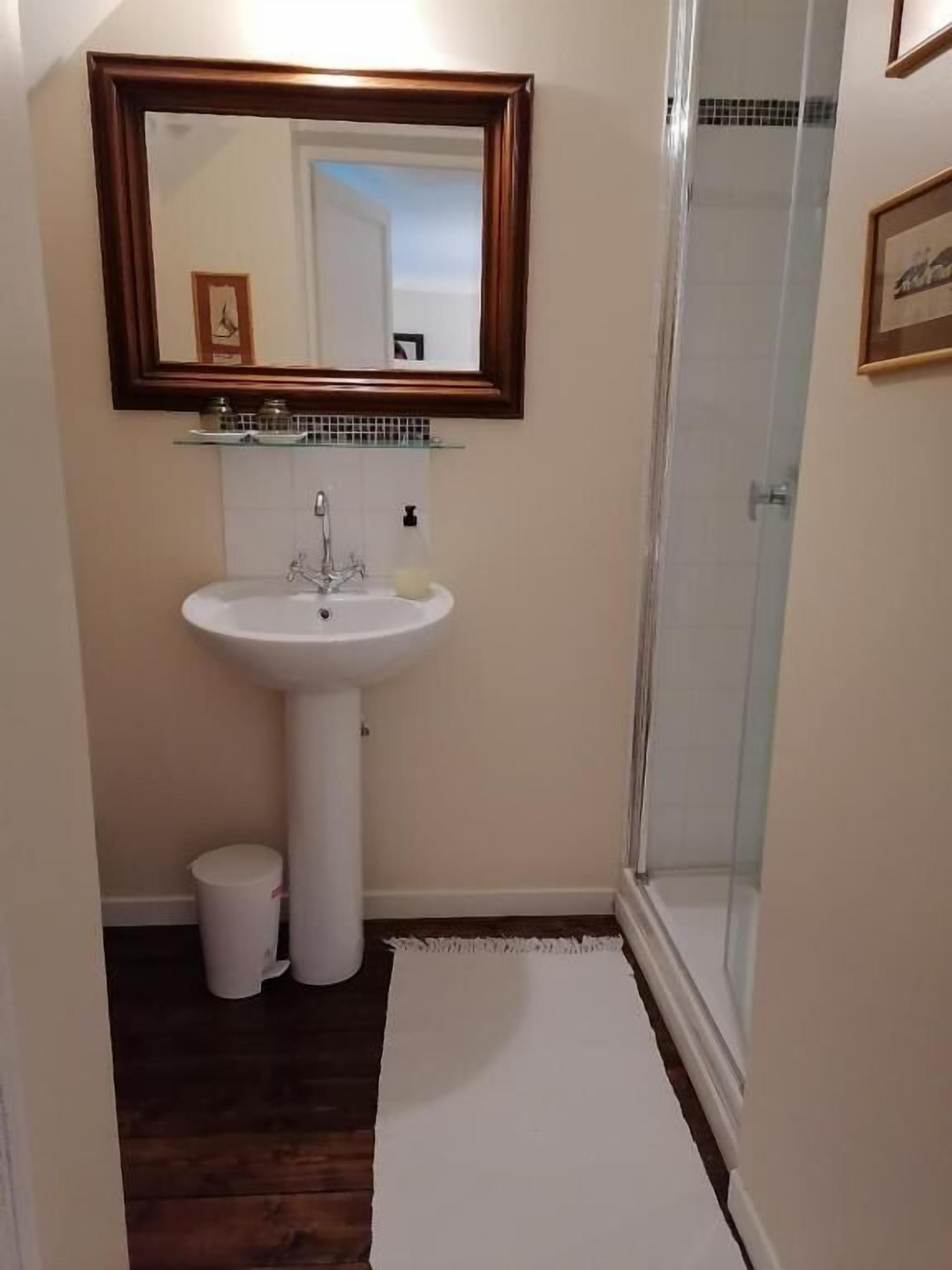 Ein Badezimmer mit Waschbecken, Spiegel, Duschkabine aus Glas und einer kleinen Mülleimer.