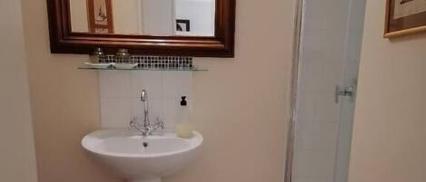Une salle de bain avec un lavabo blanc, un miroir, une cabine de douche en verre et une petite poubelle.