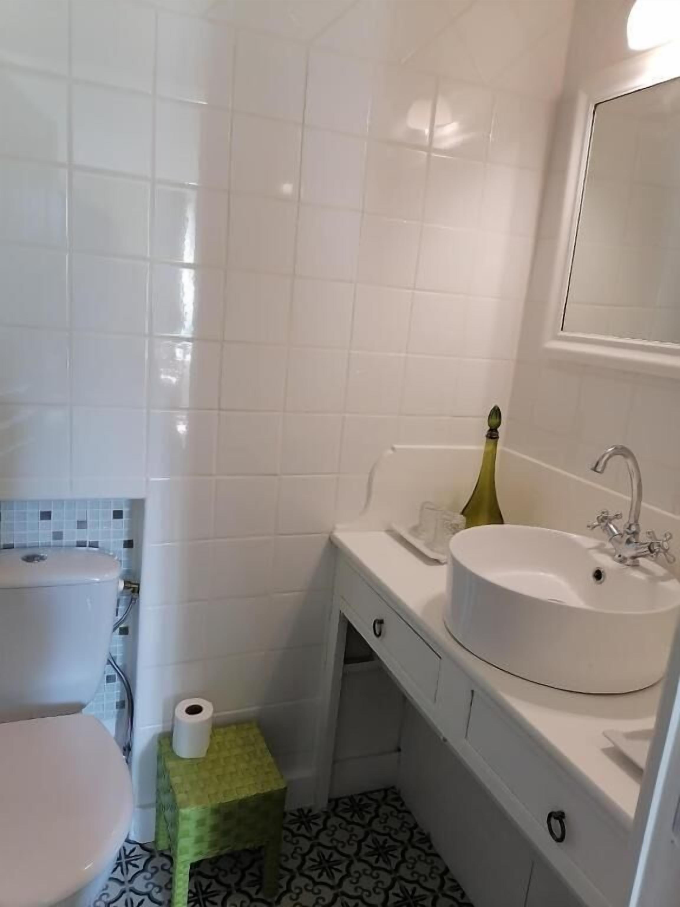 Une salle de bain avec des toilettes, un lavabo et un miroir. Un petit marchepied recouvert d’un tapis vert mène au lavabo.