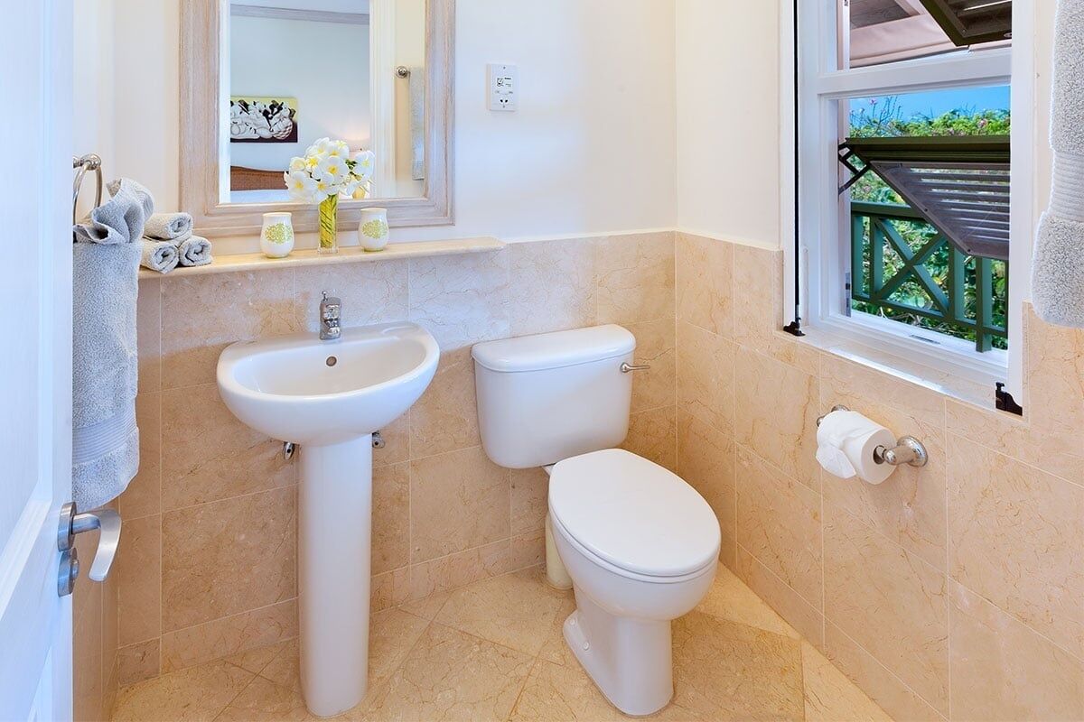 Baño con lavamanos, inodoro y ventana con vistas a la vegetación.