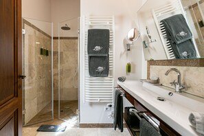 Shower, hair dryer, bidet, towels