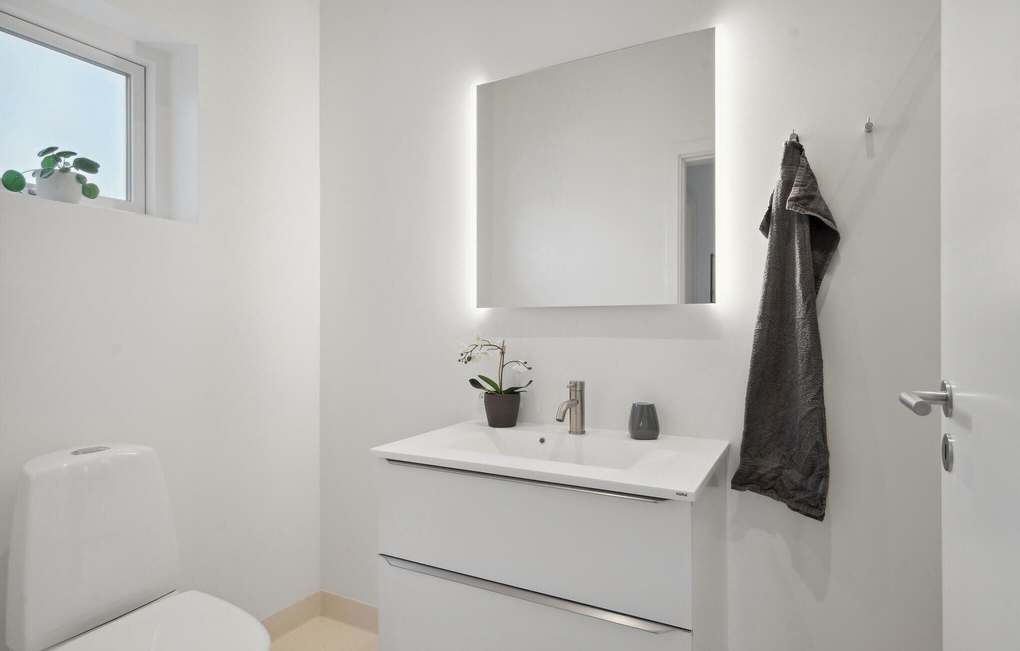 A modern bathroom with a white sink, a mirror, a towel hanging on the door, and a potted plant on the windowsill.