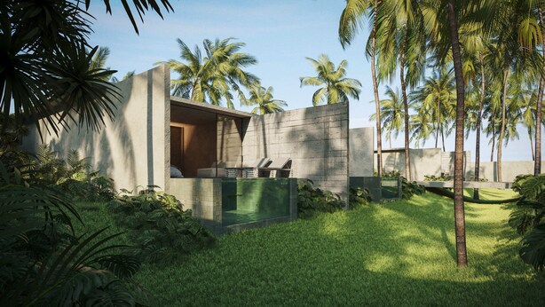 Una villa moderna con piscina privada, exuberante vegetación y palmeras.