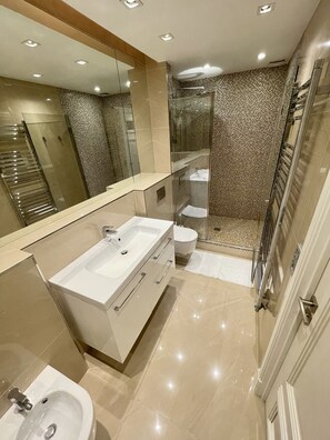 Douche, sèche-cheveux, bidet, serviettes fournies