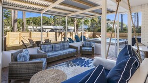 A covered outdoor seating area with wicker furniture and a view of a swimming pool. - Private Pool | 6-Seater LSV | Garage (Santa Rosa Beach)