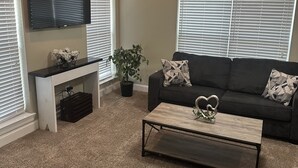 Ein Wohnzimmer mit Deckenventilator, einem flachbildfernseher an der Wand, einer schwarzen Couch mit gemusterten Kissen, einem Holztisch und einer Topfpflanze.