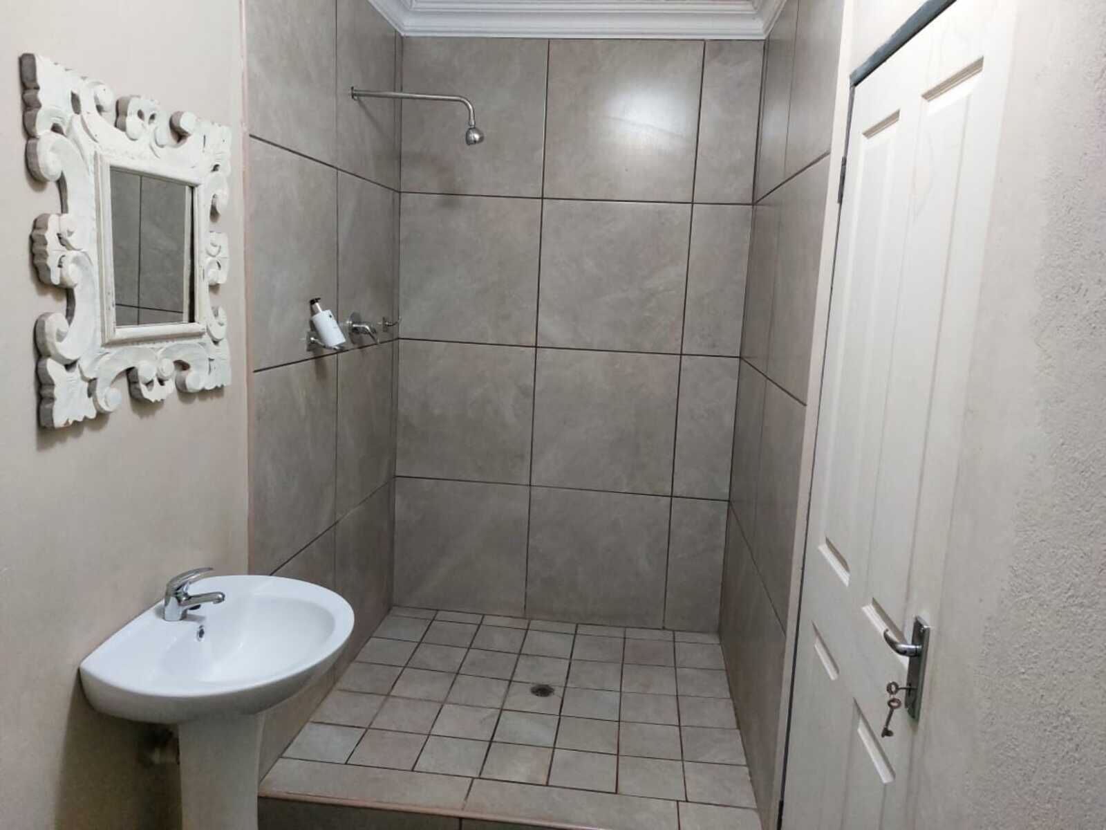 Un baño con lavamanos pedestal, ducha con cabezal de ducha manual y un espejo decorativo en la pared.
