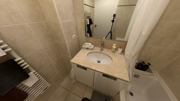 Hair dryer, towels, soap, toilet paper