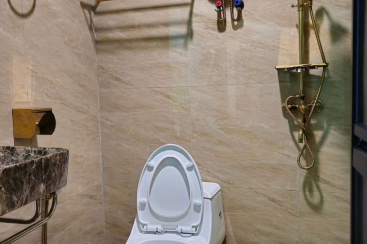 A bathroom with a toilet, a marble countertop, and a shower with a gold fixture.