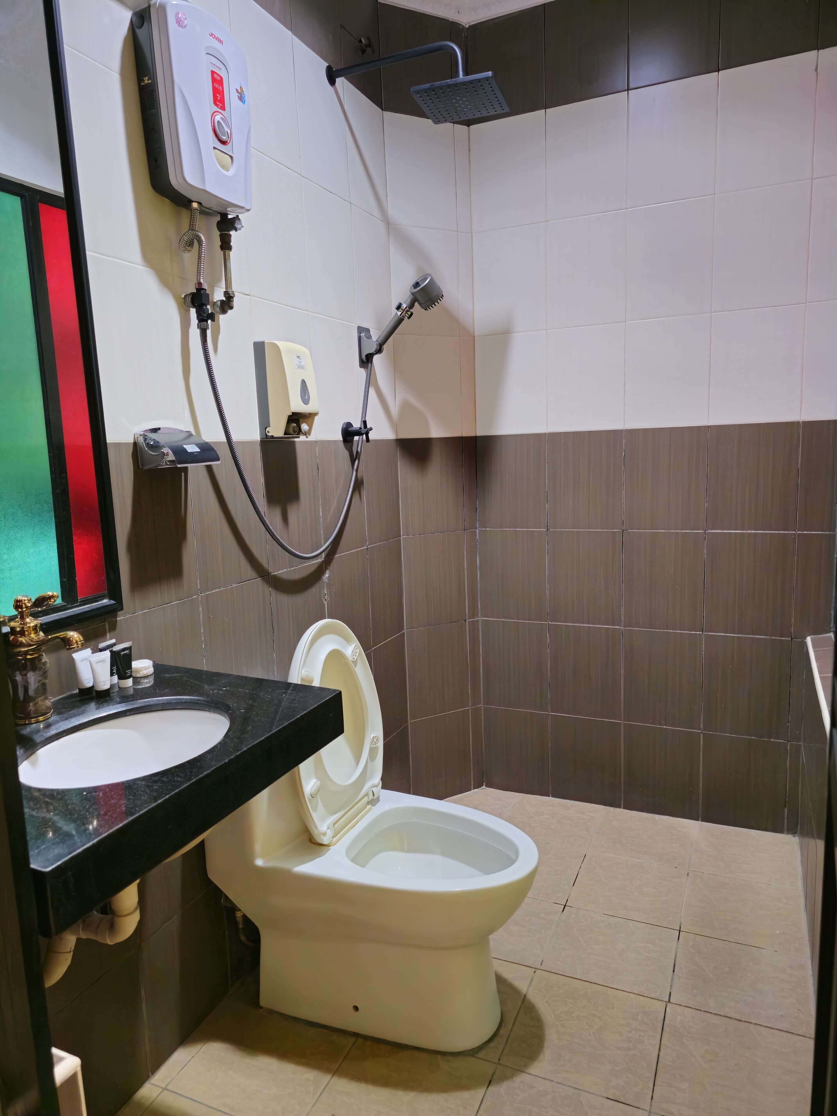 A bathroom with a toilet, a sink, a handheld showerhead, and a soap dispenser.