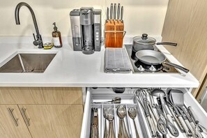 Fridge, microwave, coffee/tea maker, toaster