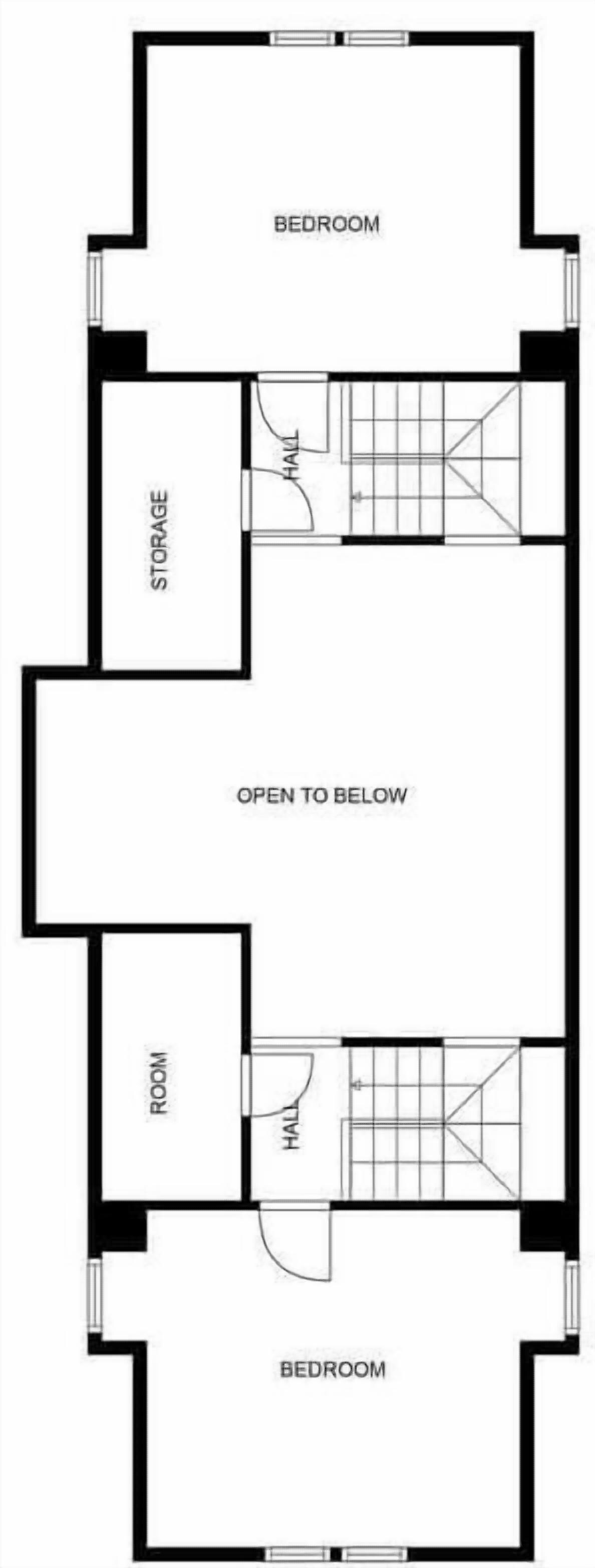 Plano de planta que muestra dos dormitorios, un área de almacenamiento, una habitación y un vestíbulo.