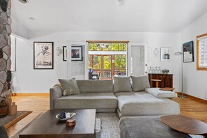 TV connectée, cheminée, lecteur de DVD, livres