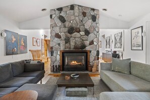 TV connectée, cheminée, lecteur de DVD, livres