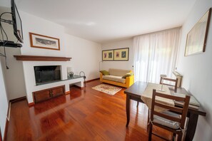 Una Smart TV, una chimenea, libros