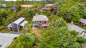 A hillside residential area with multiple houses surrounded by dense forest.