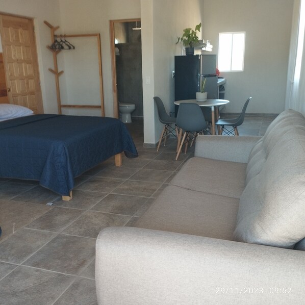 A room with a bed, a sofa, a dining table with chairs, a potted plant, and a door.