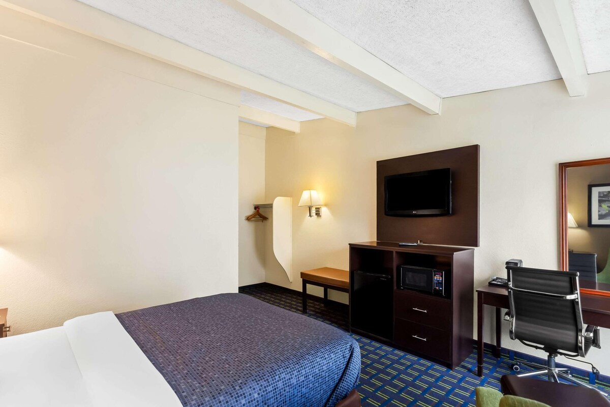 Una habitación de hotel con cama, escritorio, silla, televisor y microondas.