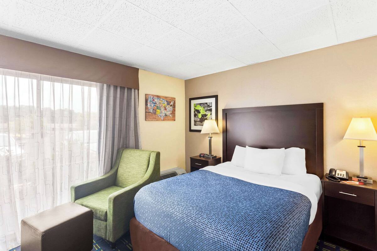 Una habitación de hotel con una cama grande, un sillón verde, una mesita de noche con una lámpara y una ventana con cortinas translúcidas.
