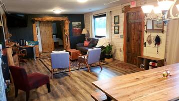 Smart TV, fireplace, books