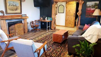 Smart TV, fireplace, books