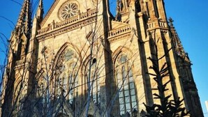 Een gotische kathedraal met ingewikkelde spitsen en een groot rond raam.