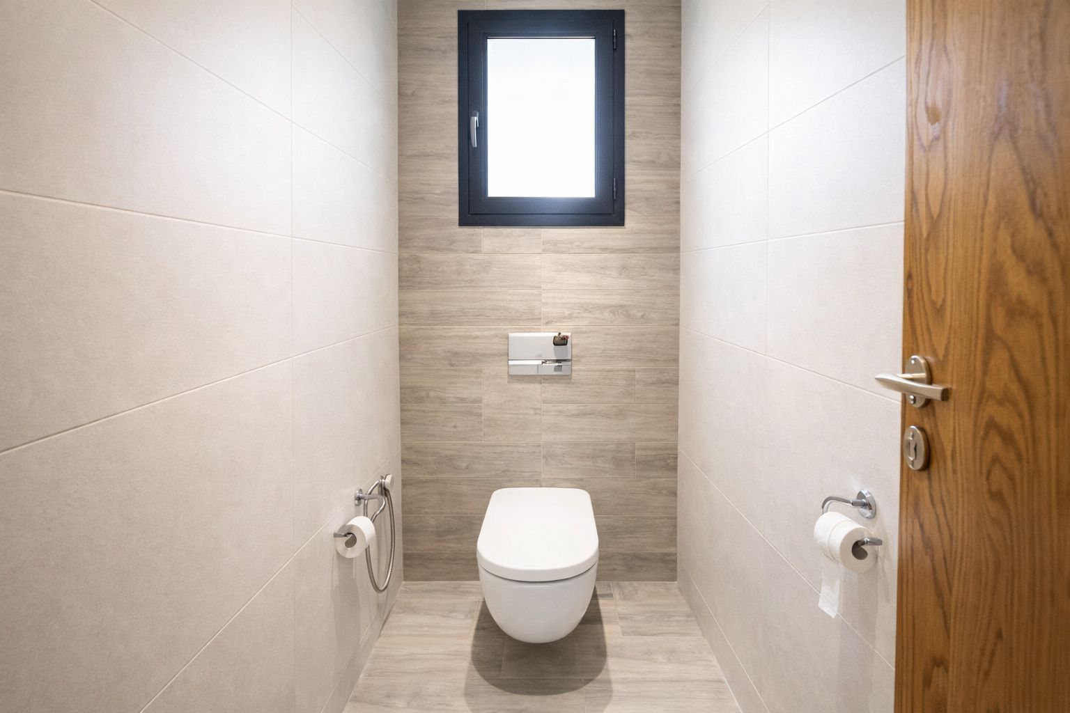 Une petite salle de bain moderne, équipée de toilettes, d’un distributeur de serviettes et d’une fenêtre.