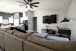 Smart TV, fireplace, books