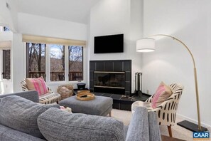 Smart TV, lareira, livros